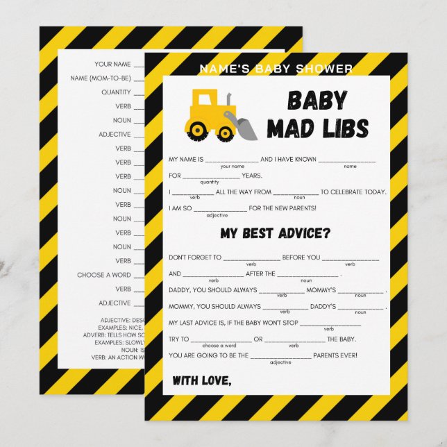 Baby Under Construction Game - Editable Name, 5x7 Invitation (Front/Back)