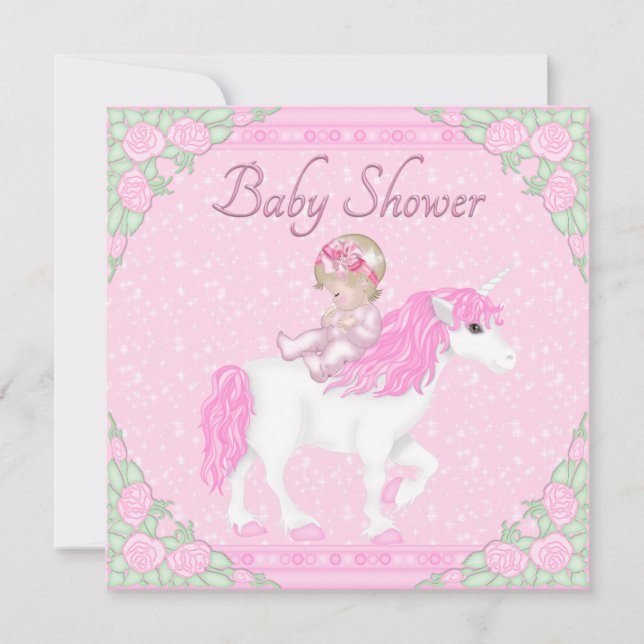 Baby, Unicorn and Roses Pink Baby Shower Invitation (Front)