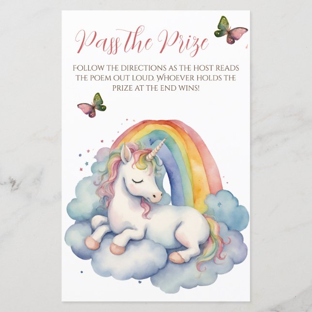 Baby Unicorn Girl Baby Shower Pass the Prize Game (Back)