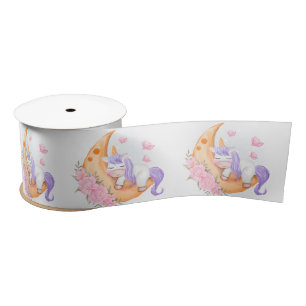 Baby Unicorn Over The Moon with Flower  Satin Ribbon