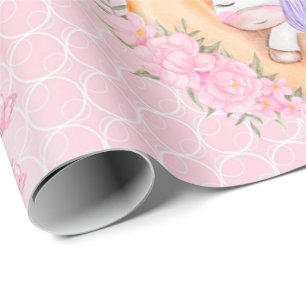 Baby Unicorn Over The Moon with Flower Wrapping Paper