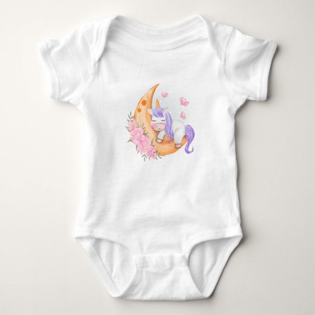 Baby Unicorn Over The Moon with Flowers Baby Bodysuit (Front)