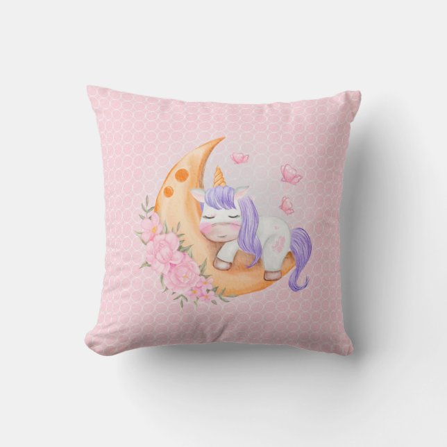 Baby Unicorn Over The Moon with Flowers  Cushion (Front)