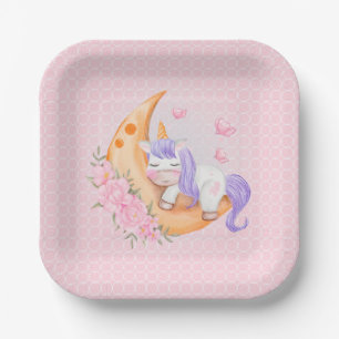Baby Unicorn Over The Moon with Flowers Paper Plate