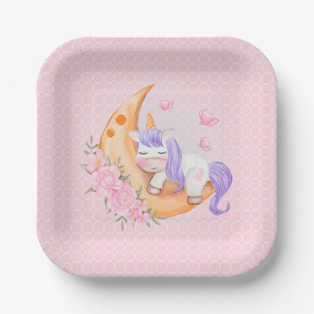 Baby Unicorn Over The Moon with Flowers    Paper Plate (Front)