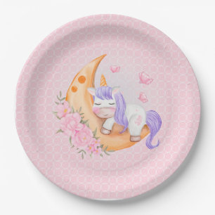 Baby Unicorn Over The Moon with Flowers   Paper Plate