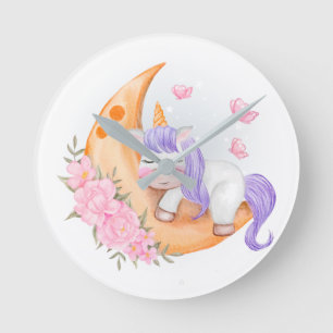 Baby Unicorn Over The Moon with Flowers Round Clock
