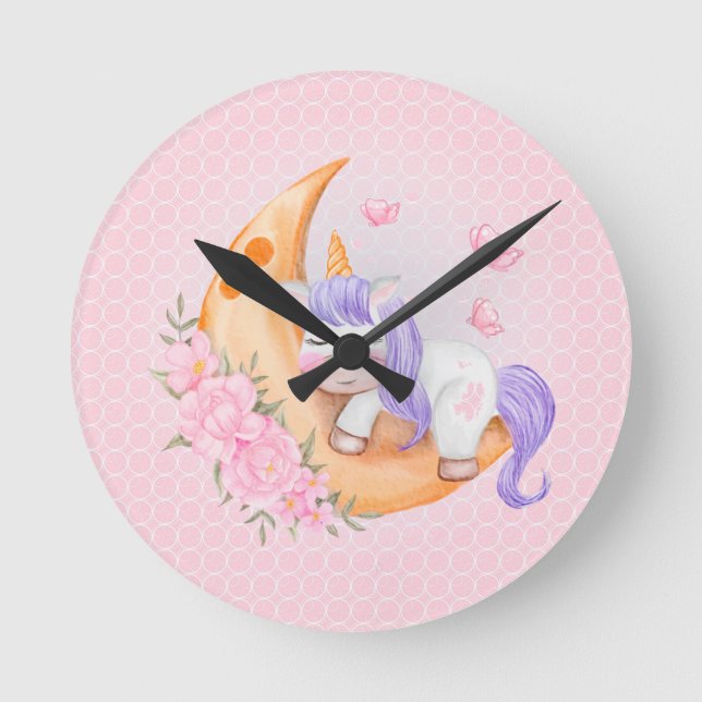 Baby Unicorn Over The Moon with Flowers   Round Clock (Front)