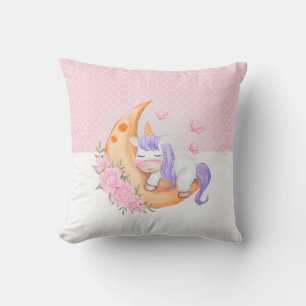 Baby Unicorn Over The Moon with Flowers  Throw Pil Cushion