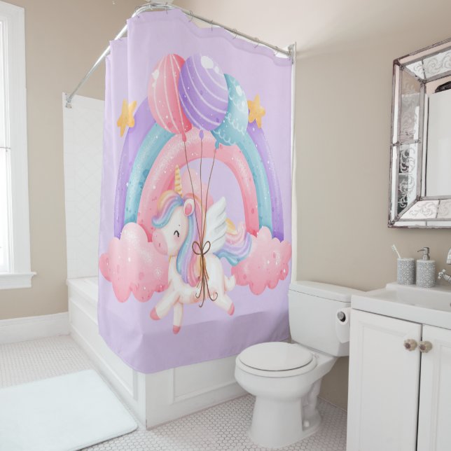 Baby Unicorn Pretty Pastel Rainbow Balloons Kids Shower Curtain (In Situ)