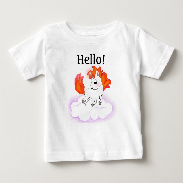 Baby Unicorn with Orange Hair on White Cloud T-Shirt (Front)
