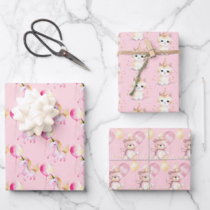 Baby Unicorns, Bears, Kittens Pink Wrapping Paper