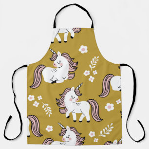 Baby unicorns, flowers, yellow vintage pattern. apron