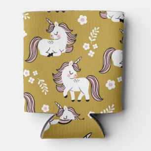 Baby unicorns, flowers, yellow vintage pattern. can cooler
