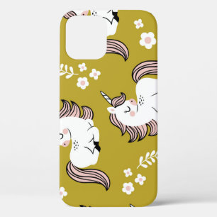 Baby unicorns, flowers, yellow vintage pattern. iPhone 12 case