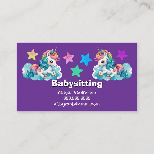 Baby Unicorns on Clouds Babysitting Nanny Daycare Business Card (Front)
