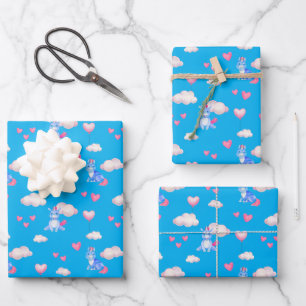 Baby Unicorns Pink Hearts Clouds Whimsical Wrapping Paper Sheet