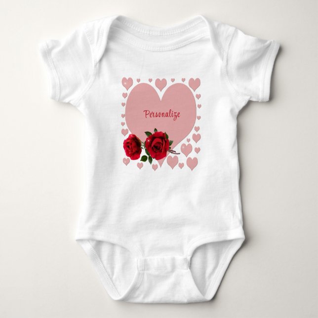 Baby Valentine's Day Pink Heart Red Roses Bodysuit (Front)