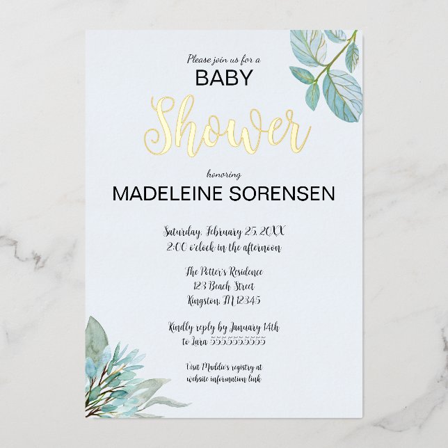BABY Watercolor & Woodland Gold Foil Invitation (Front)