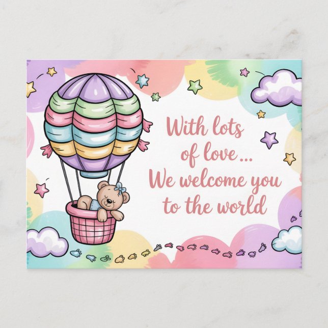 Baby Welcome with Teddy Bear in Hot Air Balloon Postcard (Front)