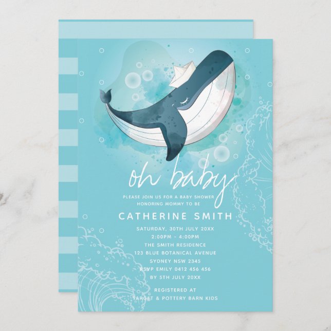 Baby Whale Boy Baby Shower Invitation (Front/Back)