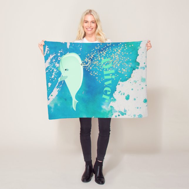 Baby Whale  Gold Sparkle Blue Nautical Personal Fleece Blanket (In Situ)