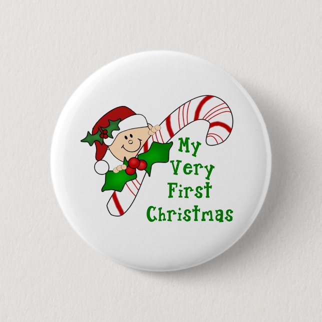Baby with Candy Cane First Christmas 6 Cm Round Badge (Front)