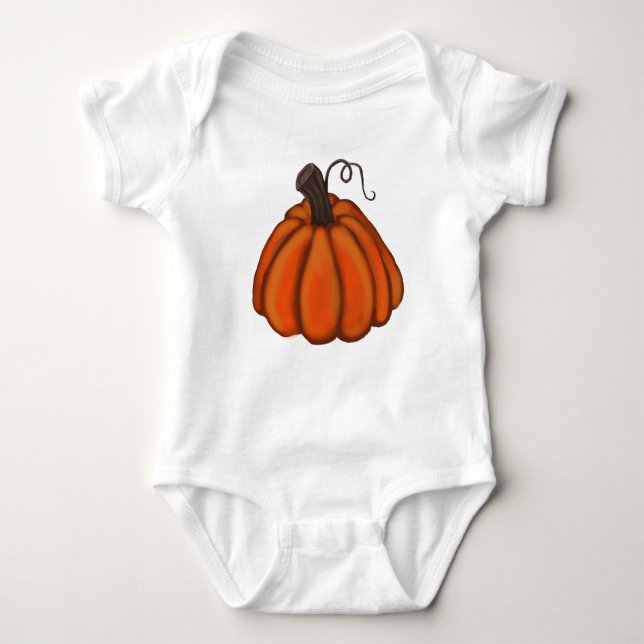 Baby, with whimsical pumpkin, bright orange baby bodysuit (Front)