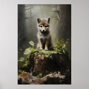 Baby Wolf Forest Print, Botanical Woodland Poster