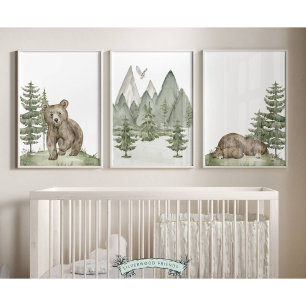 Baby Woodland Bear Nursery Prints - Set of 3