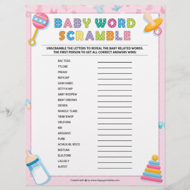 Baby Word Scramble [Baby Basics Pink] Custom Letterhead (Front)