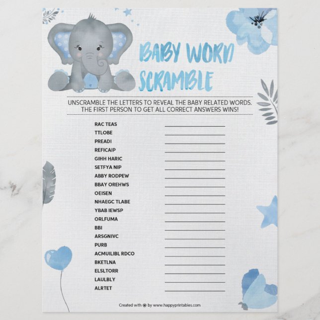Baby Word Scramble [Baby Elephant [Blue] Custom Letterhead (Front)