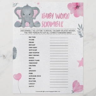 Baby Word Scramble [Baby Elephant [Pink]] Custom Letterhead