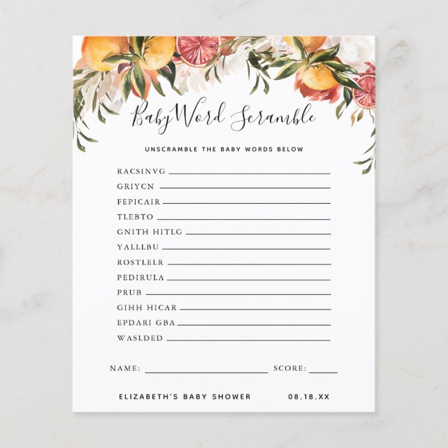 Baby Word Scramble | Baby Shower Game (Front)