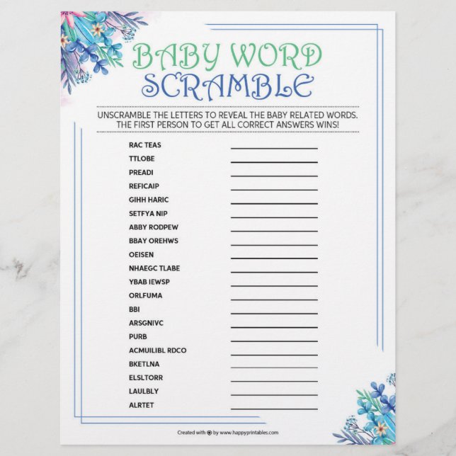 Baby Word Scramble [Blue Floral] Custom Letterhead (Front)