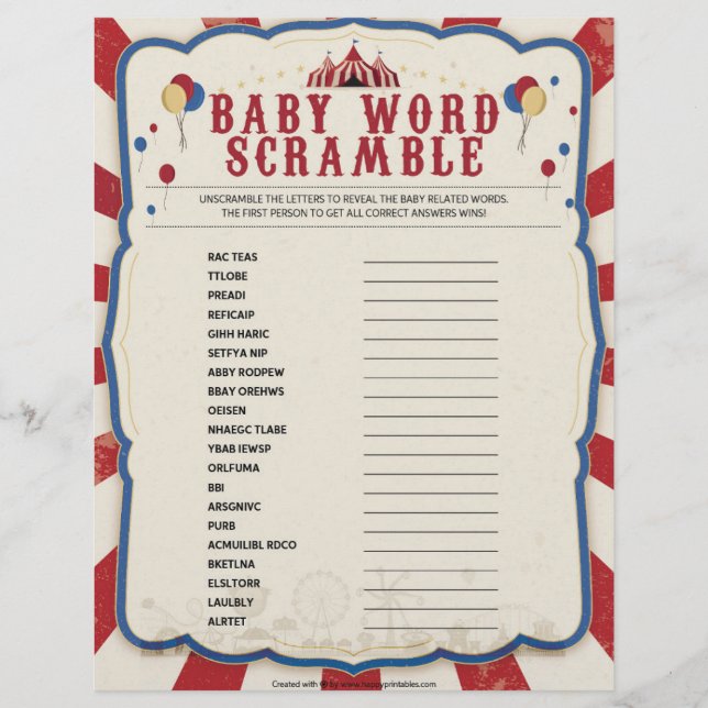 Baby Word Scramble [Circus Theme] Custom Letterhead (Front)