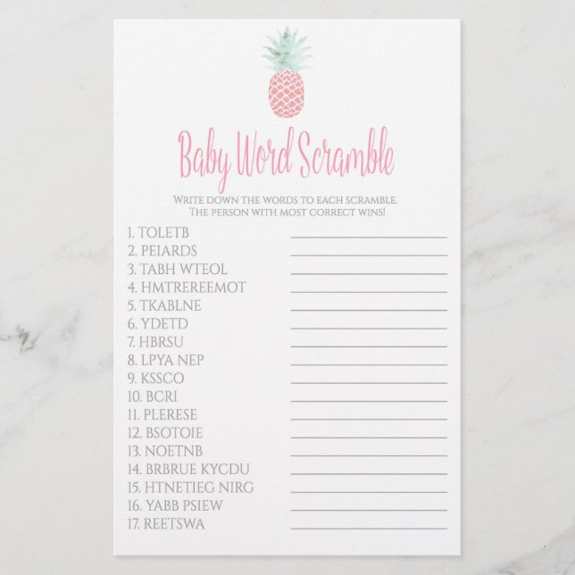 Baby Word Scramble Pineapple Baby Shower Game Flyer (Front)