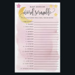 Baby Word Scramble Pink Over Moon Paper Game Card<br><div class="desc">Have some fun at your shower with this easy activity! Add your personalised text using the template form. Use the value paper to make it easier to write on (and save money too!). Answers are on the back.</div>