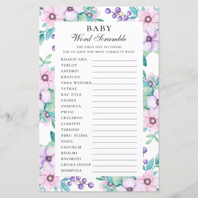 Baby word scramble. Purple floral baby shower game (Front)