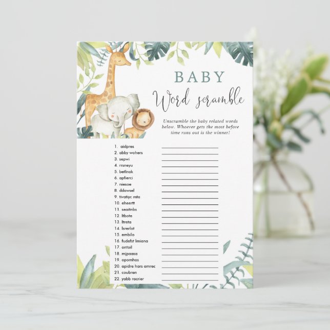 Baby word scramble safari baby shower game invitation (Standing Front)