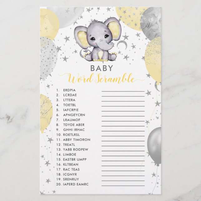Baby Word Scramble Yellow Elephant Shower Game (Front)