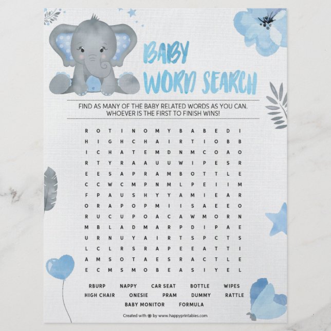 Baby Word Search [Baby Elephant [Blue] Custom Letterhead (Front)