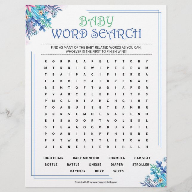 Baby Word Search [Blue Floral] Custom Letterhead (Front)
