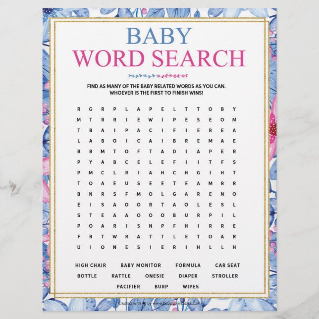 Baby Word Search [Floral Watercolors] Custom Letterhead (Front)