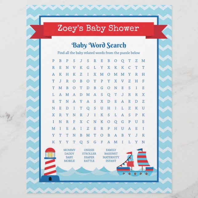 Baby Word Search Nautical Theme Baby Shower (Front)