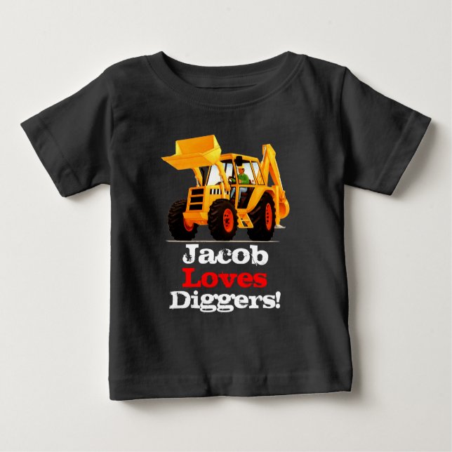 Baby Yellow Digger Custom Name Truck Baby T-Shirt (Front)