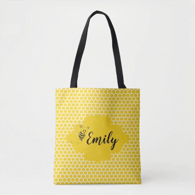 Baby Yellow White Bumble Bee Honeycomb Honey Tote Bag (Front)