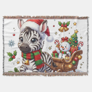 Baby Zebra Christmas Sticker, Cute Santa Hat Sleig Throw Blanket
