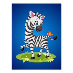 Baby Zebra Drawing Playing with Butterfly Poster