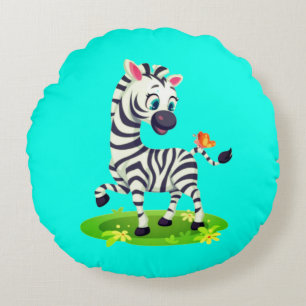 Baby Zebra Drawing Playing with Butterfly Round Cushion
